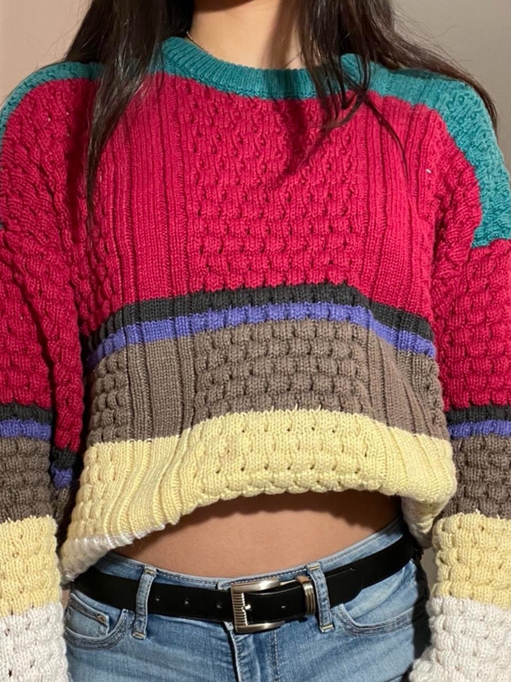 St. John's Bay Multicolor Stripe Cable-Knit Crop Sweater